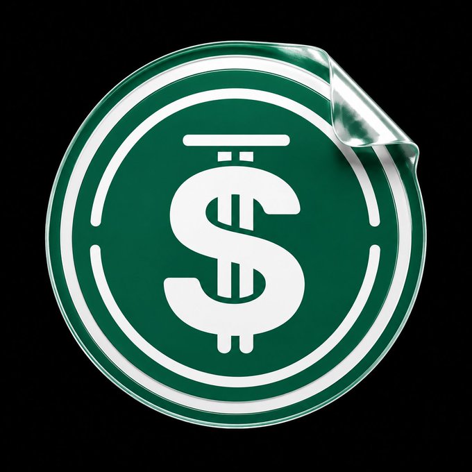 A green circular badge featuring a stylized white dollar sign ($) with a peeled corner, set against a black background, visually representing the USDD stablecoin. The peeled sticker effect reinforces the post's message that mere visibility is superficial, while true value lies beneath in real utility and on-chain activity.