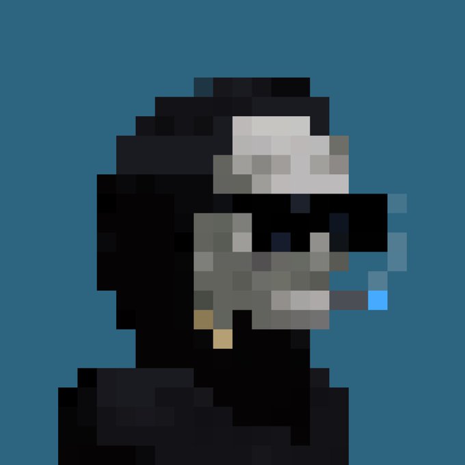 Pixel art portrait of a figure in profile wearing a dark head covering and visor with a small blue element on the side.