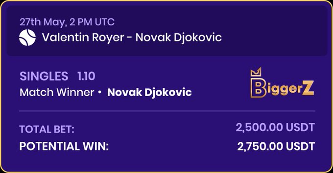 The image shows a purple card with white text that displays information about a tennis match between two players. The text indicates that the match winner was Novak Djokovic, who has won 2,750 US dollars. The card also mentions that the total bet is 2,500 US dollars and that the potential win for the player is 2,500 US dollars as well.