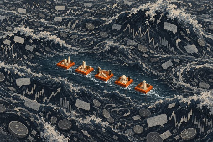 A surreal illustration shows small orange platforms with structures navigating turbulent dark waves filled with digital icons like arrows, charts, and speech bubbles.