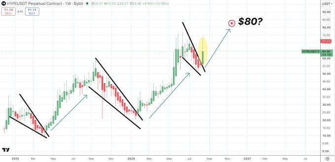 A weekly candlestick chart of the HYPEUSDT perpetual contract on Bybit displays price action between approximately $0.00 and $90, with the asset trading at $64.48 (+8.69%, +$5.17). Black trendlines highlight a series of bullish "Flipper" reversal patterns throughout 2025, and a target annotation suggests a potential move toward $80, aligning with the post's identification of another "Flipper beauty" setup.