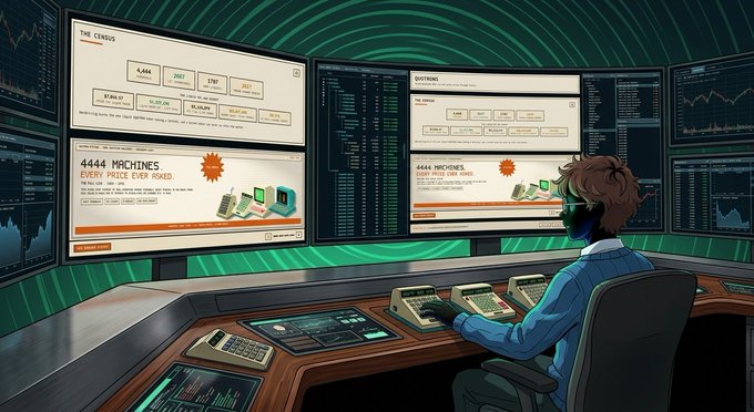 An illustrated scene shows a person working at a multi-monitor trading setup displaying charts and data screens labeled with numbers like '4,444' and '4,644 MACHINES'.