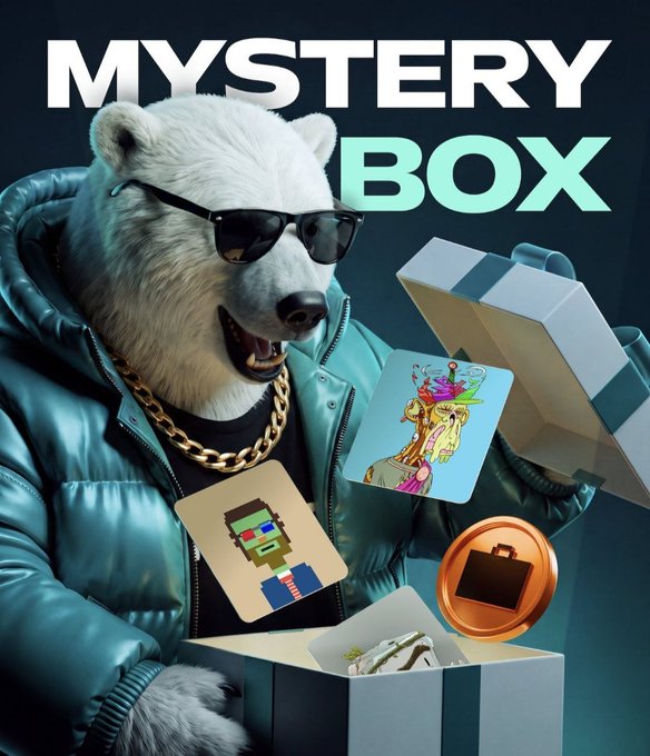 An advertisement titled 'MYSTERY BOX' featuring a polar bear in sunglasses and a blue puffer jacket holding an open box containing NFT artwork and an orange token coin.