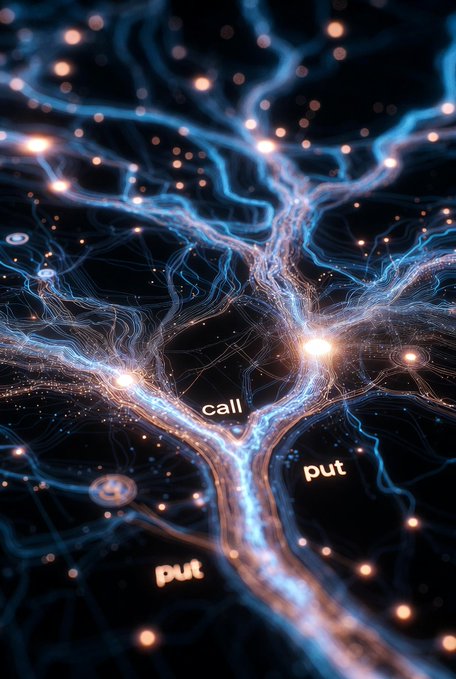 An abstract image featuring glowing blue neural-like branches with scattered orange lights, overlaid with the words 'call' and 'put' in lowercase.