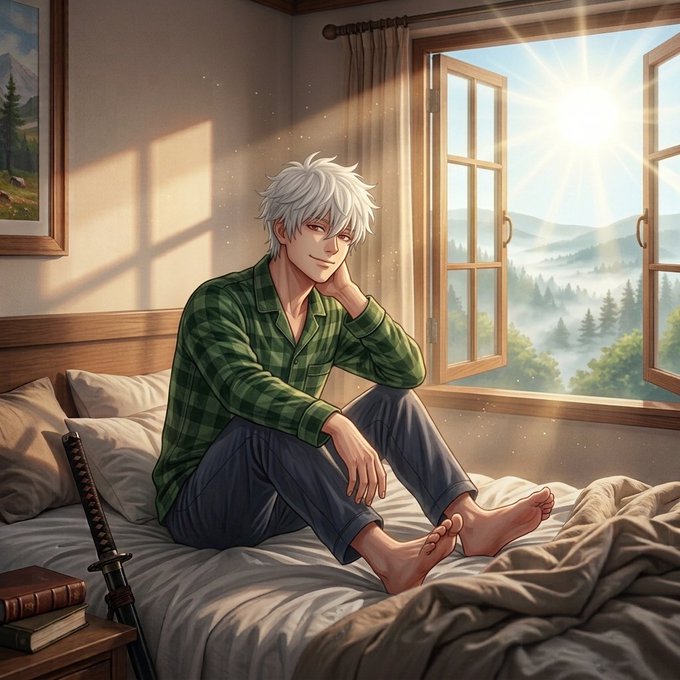 An anime-style illustration of a white-haired young man in a green plaid shirt sitting on a bed, smiling while looking out a window at a misty mountain landscape, with a katana resting nearby.