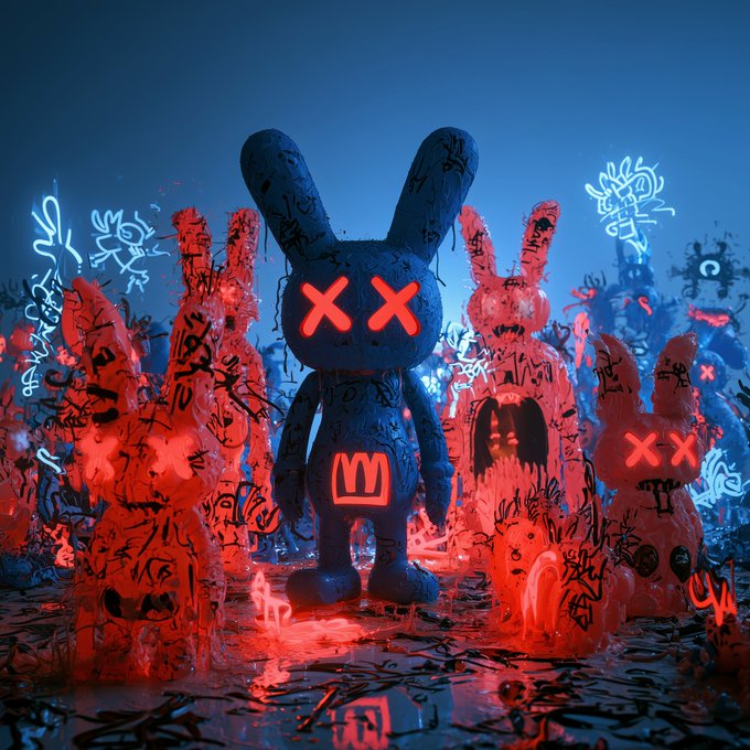 A 3D digital artwork shows a dark, graffiti-covered rabbit-like figure with glowing red 'X' eyes surrounded by red and blue neon-lit sculpted characters in a dark, atmospheric setting.