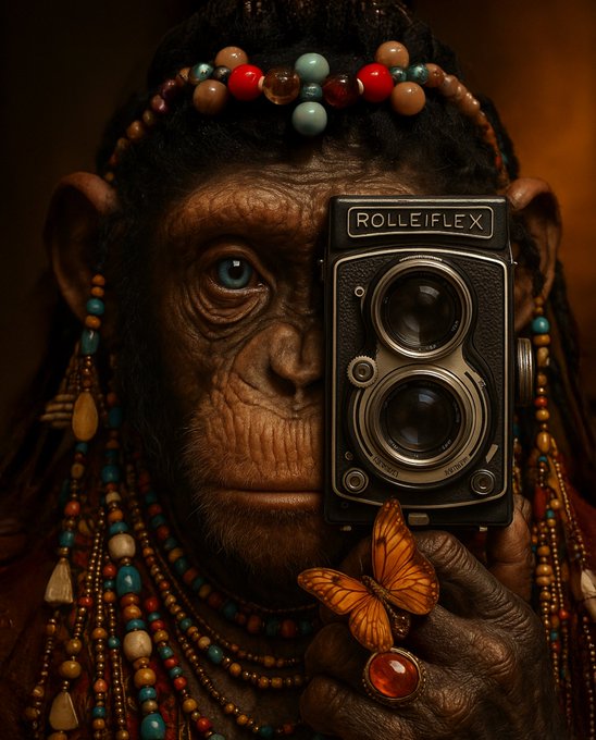 A close-up portrait shows a chimpanzee wearing colorful beaded jewelry and holding a vintage Rolleiflex twin-lens camera, with an orange butterfly perched on its hand adorned with a large red ring.