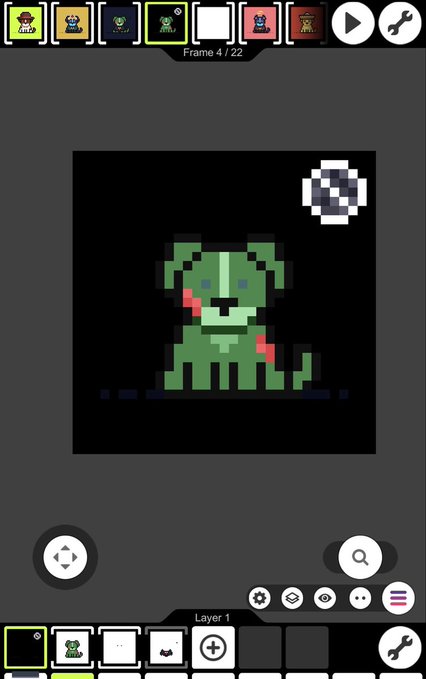 A pixel art NFT creation app displays Frame 4/22 of an animated "zombie Doggo on a full moon night" against a black background, showing a green zombie dog character with red patches and a checkered full moon, as part of the Robinhood Doggos collection. The interface shows frame selection options at the top and animation controls at the bottom, allowing the artist to create animated pixel art NFTs.