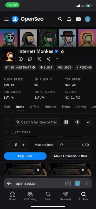 A mobile screenshot of the OpenSea app showing the 'Internet Monkés' NFT collection with a floor price of $59.49, 1,837 items, and a 24H volume of $12.9K.
