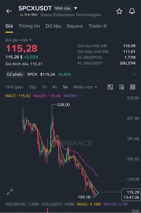 A cryptocurrency trading chart for SPCXUSDT (Space Exploration Technologies) on Binance, showing a current price of 115.28 USDT with a downward trend and 24h low of 109.18.