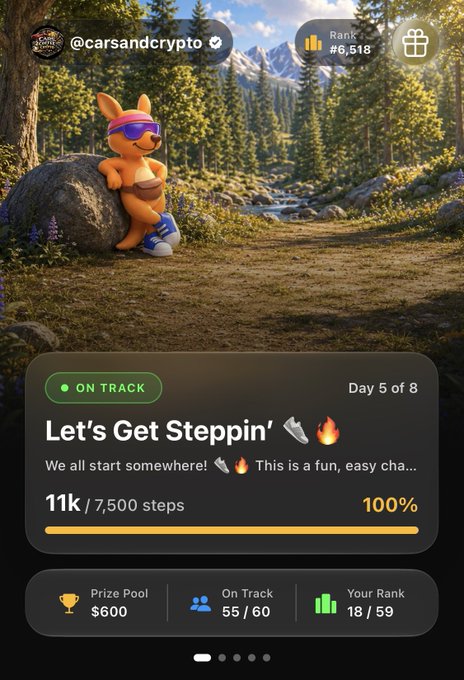 A mobile app screen from @carsandcrypto showing a step challenge 'Let's Get Steppin'' with 11k/7,500 steps at 100% on Day 5 of 8.