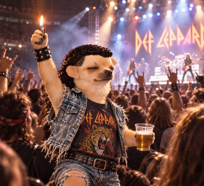 An AI-generated image of a dog-headed person dressed as a heavy metal rocker, wearing a Def Leppard shirt and holding a lighter and beer at a concert.