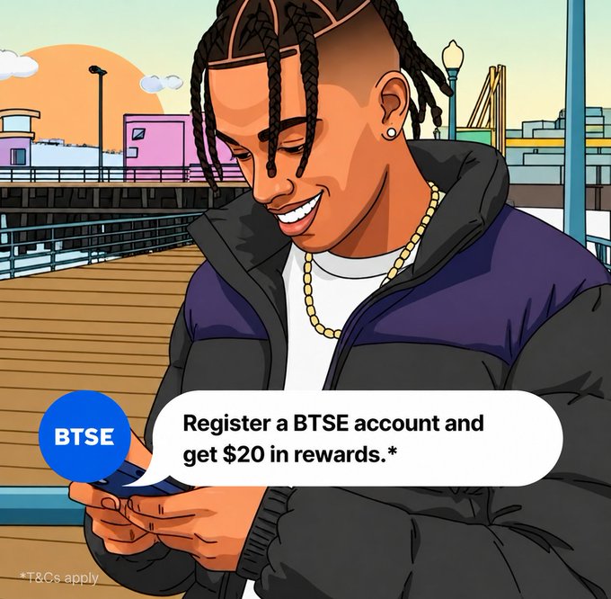 The image features a man wearing a black jacket, smiling while looking at his cell phone. A post encourages viewers to register their BTSE account for $20 in rewards by texting "btse" or using an app named "receive". The main focus of the image is on the man with dreadlocks and he appears to be engrossed in something on his phone, possibly looking up information about the rewards program offered through BTSE.
