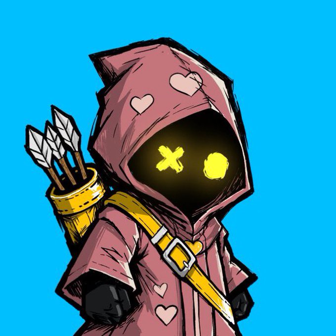 A cartoonish illustration of a hooded archer character in a pink robe decorated with hearts, featuring glowing yellow 'X' and 'O' shaped eyes against a bright blue background.