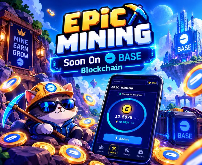 A promotional graphic for an app called 'EPIC Mining,' announcing it is coming soon to the Base blockchain, featuring a cartoon cat wearing sunglasses and a miner's hat next to a smartphone interface.