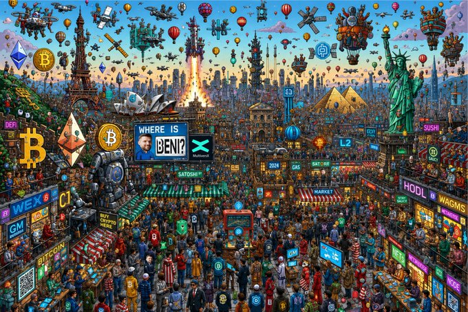The image features an art piece that depicts a cityscape with various elements such as buildings, balloons, and people. The artwork includes a large number of Bitcoins scattered throughout the scene, which adds a unique and interesting detail to the overall composition. The artist has also included a question about Beni's identity in the form of a cartoon character, inviting viewers to participate in the search for the hidden Benis.