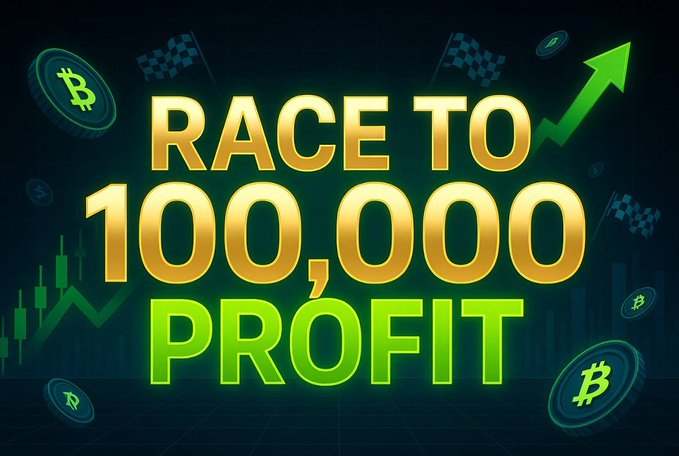 A digital banner reading "RACE TO 100,000 PROFIT" in gold and green text, featuring Bitcoin coins, upward trending arrows, and checkered flags against a dark background.