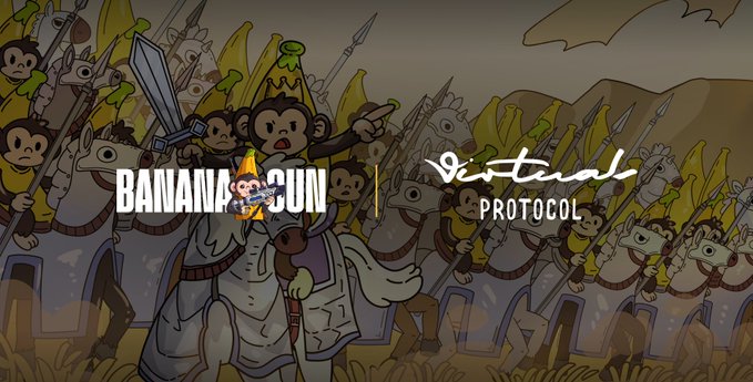 The image features a cartoon-style monkey army on horseback wielding spears and bananas, with the logos "BANANA GUN" and "Virtuals PROTOCOL" displayed prominently side by side, visually announcing the partnership that brings Virtuals Protocol pre-bond tokens on Robinhood Chain to the Banana Gun Telegram Bot.