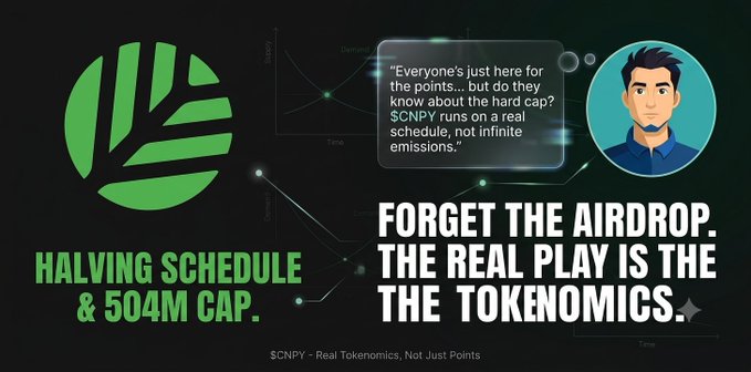 A promotional graphic highlighting $CNPY tokenomics with the text 'FORGET THE AIRDROP. THE REAL PLAY IS THE TOKENOMICS' and 'HALVING SCHEDULE & 504M CAP.'
