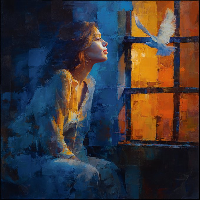 A contemplative woman bathed in cool blues gazes peacefully toward a white dove and warm, golden-lit window panes, embodying the quiet hope and resilience reflected in the message about finding light even in life's most difficult moments.