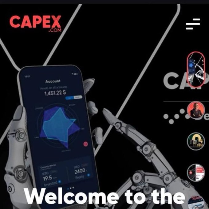 The image features a cell phone with an app called "capex" displayed on its screen. The phone's screen also displays a welcome message welcoming users to the app, along with some information about the app's purpose and potential risks associated with using it.