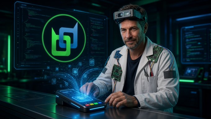 A man wearing a lab coat and a head-mounted display uses a holographic device on a desk, with a glowing green circular logo and digital data streams surrounding him.