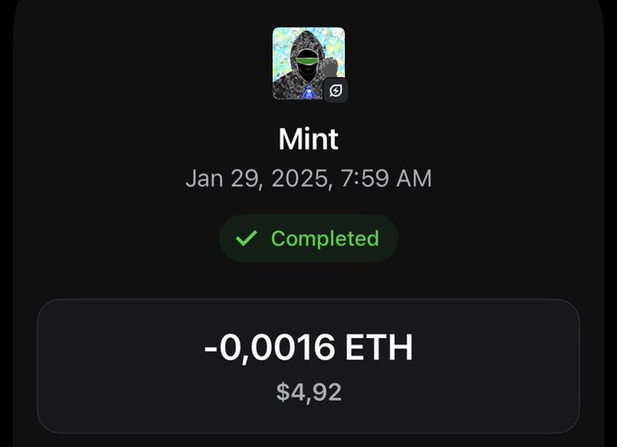 A dark-themed transaction screen shows a completed NFT mint labeled "Mint" on January 29, 2025, at 7:59 AM, with a cost of -0.0016 ETH ($4.92).