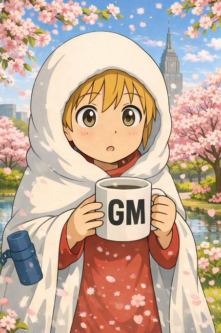 An anime-style illustration of a character wrapped in a white blanket/hood, wearing a red outfit, holding a 'GM' mug while surrounded by cherry blossoms with a city skyline in the background.