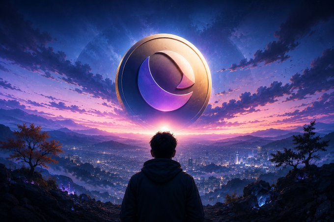 A hooded figure stands on a hill overlooking a sprawling city at twilight, gazing at a massive glowing crescent emblem floating in the purple and pink sky above.