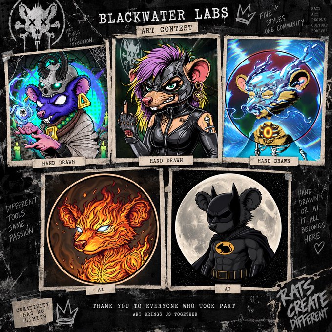 Blackwater Labs Art Contest promotional image showcasing five artwork pieces (three labeled 'HAND DRAWN' and two labeled 'AI') featuring stylized rat and bear characters, with text including 'ART FUELS THE INFECTION', 'FIVE STYLES ONE COMMUNITY', and 'RATS CREATE DIFFERENT'.