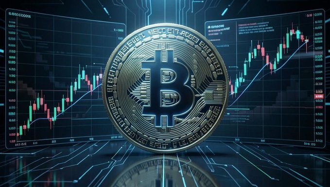 A silver Bitcoin coin displayed in front of digital candlestick charts and circuit board patterns on a blue background.