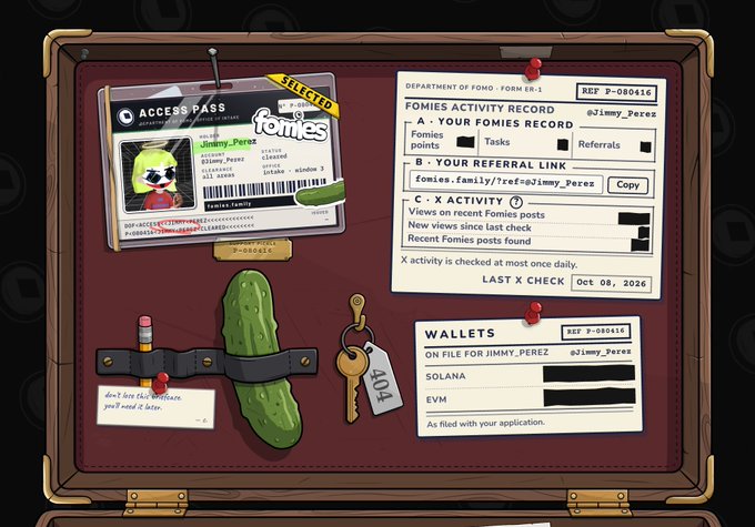 A digital dashboard styled as an open briefcase, showing a 'Fomies Activity Record' for user @Jimmy_Perez with sections for access pass, referral link, X activity, and wallet information (Solana/EVM).