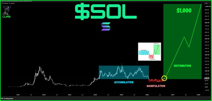 A cryptocurrency price chart for $SOL/SOLANA displays three Wyckoff market phases—Accumulation, Manipulation, and Distribution—with a projected target of $1,000 by 2028, illustrating the post's claim that SOL will reach $1,000 after manipulation. The chart spans from 2021 to 2028 and is branded with "CURS" in the top left corner.