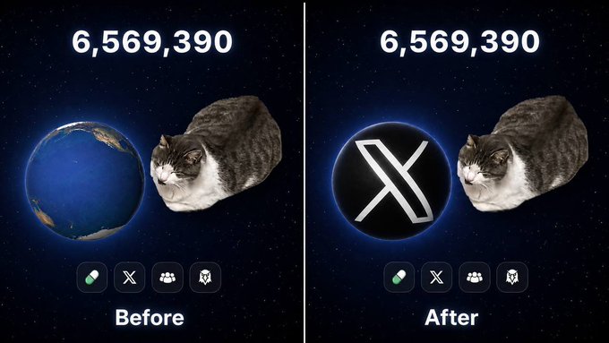 A "before and after" meme showing Earth being replaced by the X (formerly Twitter) logo next to a cat, with the number 6,569,390 displayed prominently in both panels. The image symbolizes the website lickingcat surpassing 6.5 million interactions, with the X logo replacing Earth to represent X's growing influence on a cosmic scale.