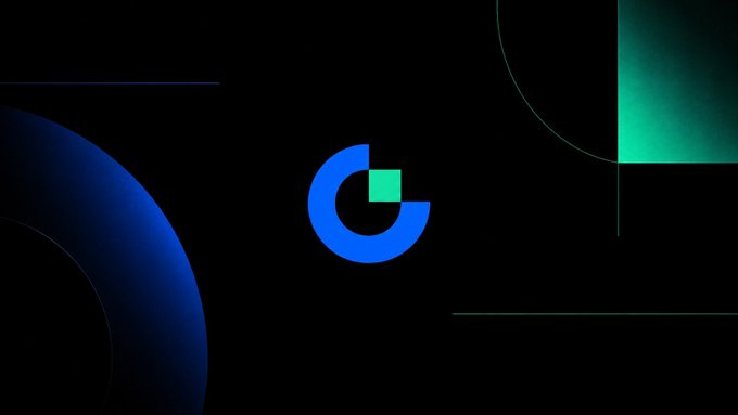 A minimalist black background features a blue circular chart with a green square segment, surrounded by glowing blue and green geometric accents.