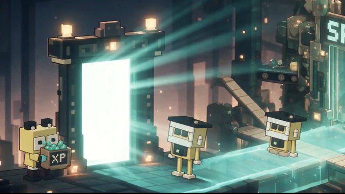 A pixel-art style illustration shows blocky yellow robot-like characters in a futuristic industrial setting, with one carrying an 'XP' crate and a glowing portal in the background.