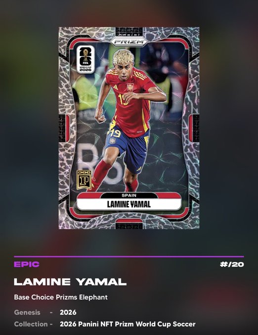 An Epic (#120) digital trading card titled 'LAMINE YAMAL' from the 2026 Panini NFT Prizm World Cup Soccer Genesis Collection, depicting the Spanish player in a red jersey with Base Choice Prizms Elephant design.