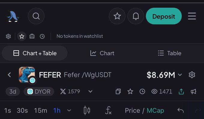 A screenshot of a cryptocurrency trading platform showing the 'FEFER Fefer / WgUSDT' trading pair with a 1h time interval selected, displaying a 3d timeframe and recent view counts.