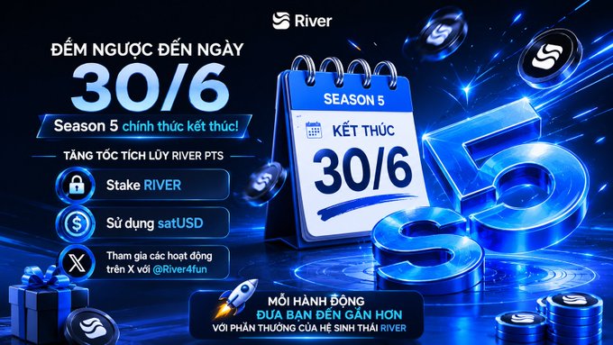 The image features a poster for a casino game called "River" with a blue background, white text, and various symbols related to the game. The poster includes a calendar that displays the date of the upcoming season 5, which is numbered as 30/6. There are also coins scattered around the poster, adding to the overall atmosphere of the casino scene. The post itself is written in Vietnamese, indicating its origin from Vietnam or a country with a significant Vietnamese population.