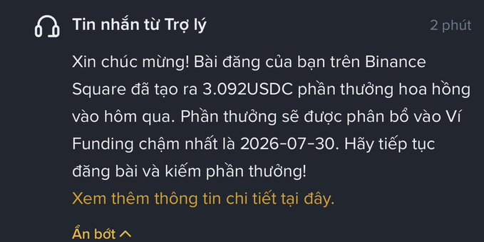 Binance notification in Vietnamese congratulating on a Binance Square post that generated 3.092 USDC commission reward, to be deposited to funding account by 2026-07-30.