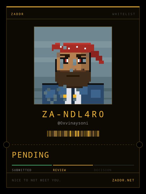 A pixel-art digital ID card from "ZADDR" shows a bearded character in a blue jacket and red bandana, with the identifier "ZA-NDL4RO" and handle "@xvinaysoni" displayed alongside a barcode. The card is marked "PENDING" on a progress bar stuck between the "REVIEW" and "DECISION" stages, humorously reflecting the poster's complaint about their application being stuck in limbo for three days.