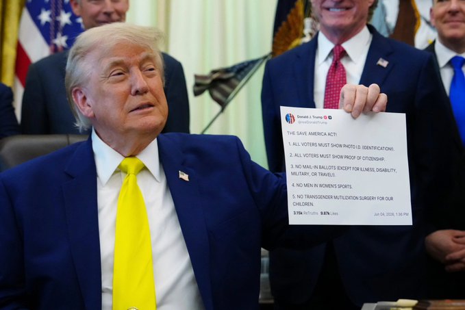 President Trump holds a paper detailing "The Save America Act" which lists five points related to voting and gender identity. The accompanying post suggests this act's information could be monetized by providing early access through a $100,000/month "Truth API".