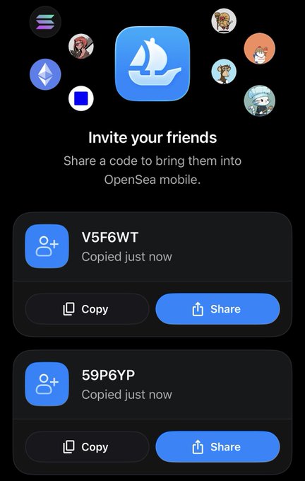 A mobile app screen showing 'Invite your friends' on OpenSea with referral codes 'V5F6WT' and '59P6YP' displayed along with Copy and Share buttons.