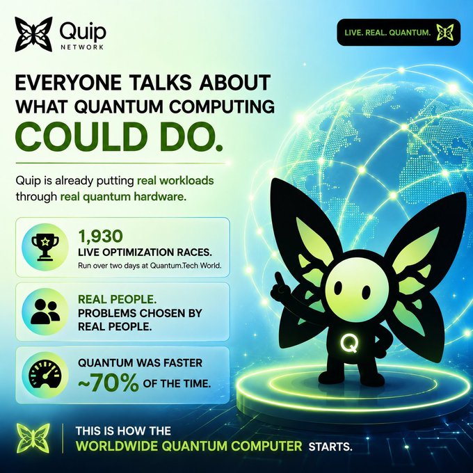 A Quip Network advertisement titled 'Everyone talks about what quantum computing could do,' highlighting 1,930 live optimization races, real people choosing problems, and quantum being faster ~70% of the time, featuring a butterfly mascot.