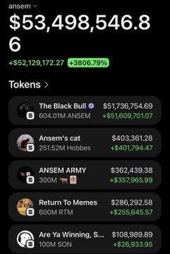 The image displays a trading portfolio showing the $ANSEM token valued at $53,498,546.86 with a +3806.79% gain, alongside top holdings including "The Black Bull" ($51,736,754.69), "Ansem's cat" ($403,361.28), "ANSEM ARMY" ($362,439.38), "Return To Memes" ($286,292.58), and "Are Ya Winning, S..." ($108,989.89), illustrating Ansem's massive memecoin profits referenced in the post.