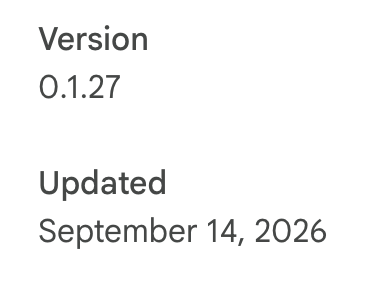 Text displaying version information: "Version 0.1.27" and "Updated September 14, 2026".