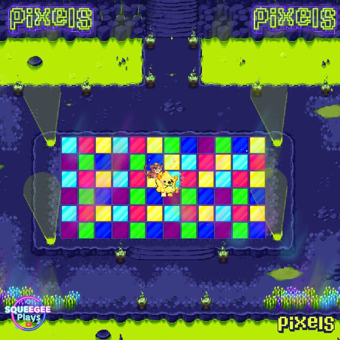 A pixel-art character rides a giant yellow cat across a rainbow disco dance floor, with "PIXELS" displayed at the top corners and "OH SQUEEGEE Plays" and "pixels" watermarks visible. The image serves as a vibrant promo graphic for the announced Pixels x KanstarWorld Integration Party happening July 3 at 5PM UTC (July 4, 1AM PHT) at the Rave Cave in the Basement of Drunken Goose.
