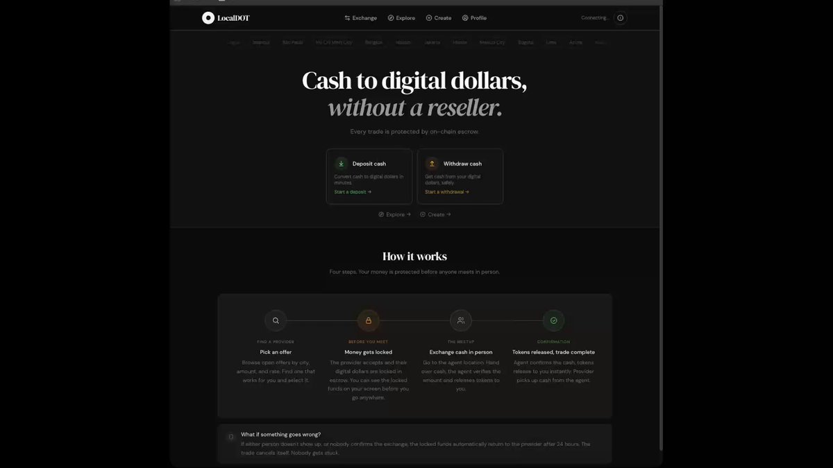 This is an image of a website dedicated to a peer-to-peer marketplace where physical cash can be exchanged for digital tokens. The website is called "LocalDOT" and it allows users to trade items directly with one another without going through traditional middlemen, making transactions quicker and more cost-effective than conventional methods. There are three main sections visible in the image: the header of the site at the top, a description of what the site offers in the center, and the footer with additional information about the website on the bottom right corner.