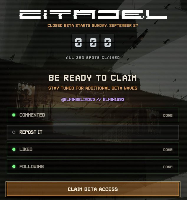 A dark-themed 'EL MODEL' beta access page showing 'CLOSED BETA STARTS SUNDAY, SEPTEMBER 27' with a countdown at 000, indicating 'ALL 383 SPOTS CLAIMED' with social media tasks completed.