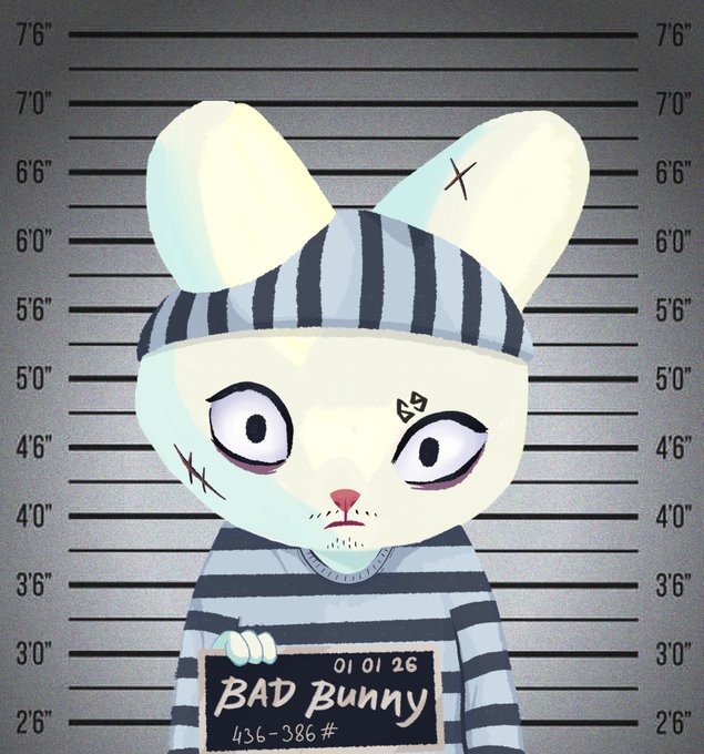 A cartoon rabbit dressed in a black-and-white striped prison uniform stands against a police mugshot height chart, holding a placard reading "BAD Bunny — 01 01 26 — 436-386#." The playful illustration reinforces the post's theme of "El Bandito Bunny" being a mischievous outlaw, framing the NFT character as a wanted criminal lineup.